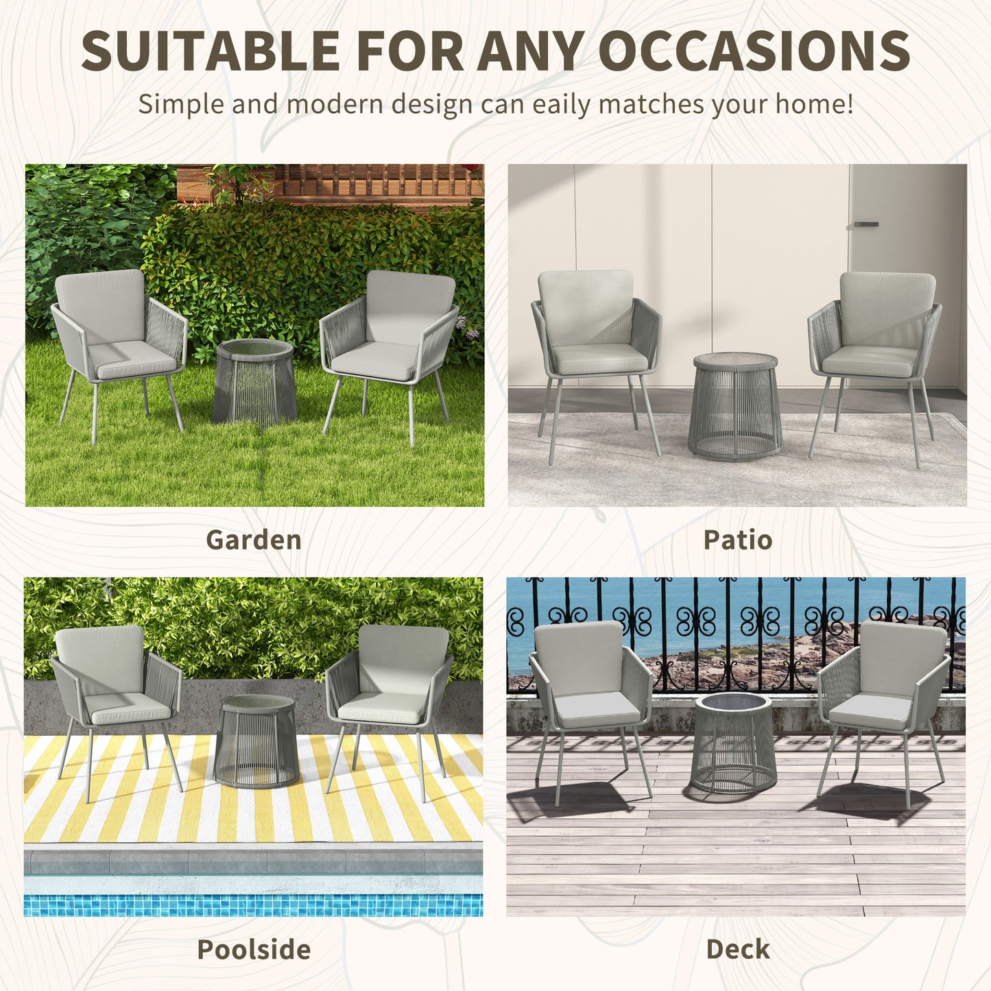 Outsunny 3-Piece Outdoor Bistro Set, Wicker Rattan Furniture with Metal Legs for Garden Backyard, Light Grey
