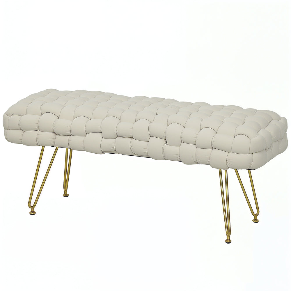 Banc de lit rembourré en velours avec pieds en métal doré, blanc crème