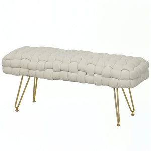Banc de lit rembourré en velours avec pieds en métal doré, blanc crème
