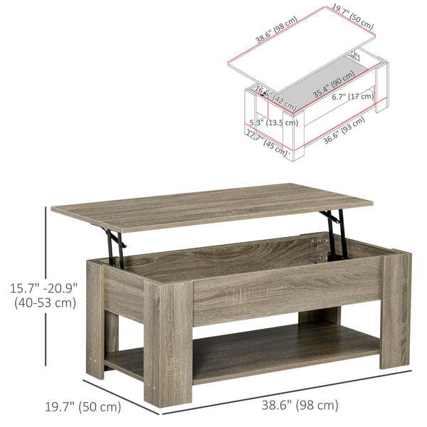 Table basse relevable avec compartiment de rangement dissimulé et étagère ouverte, gris