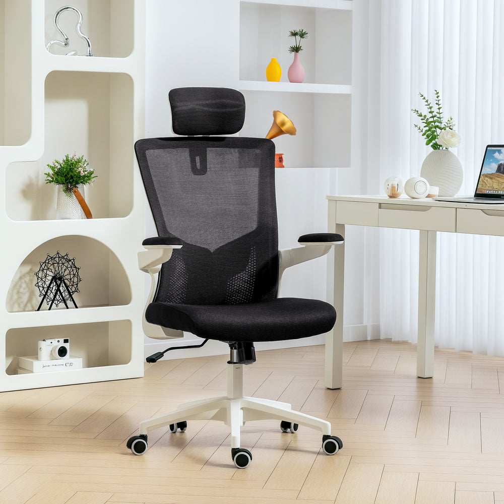 Chaise de bureau ergonomique avec soutien lombaire et appui-tête, noire