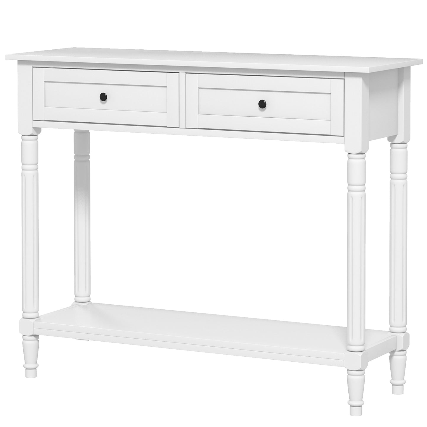 Console d'entrée moderne avec 2 tiroirs, étagère de rangement, pieds tournés, blanc