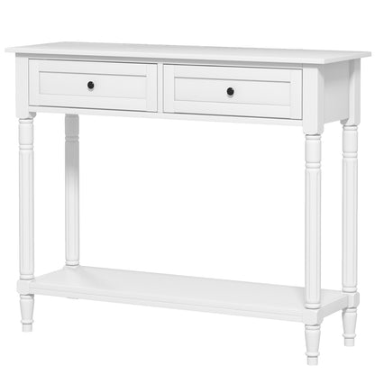 Console d'entrée moderne avec 2 tiroirs, étagère de rangement, pieds tournés, blanc