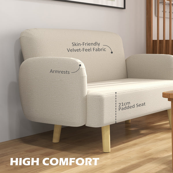 Canapé 2 places en tissu velours avec rembourrage et pieds en bois, blanc crème