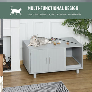 Litter box cabinet with scratching post, magnetic doors, gray