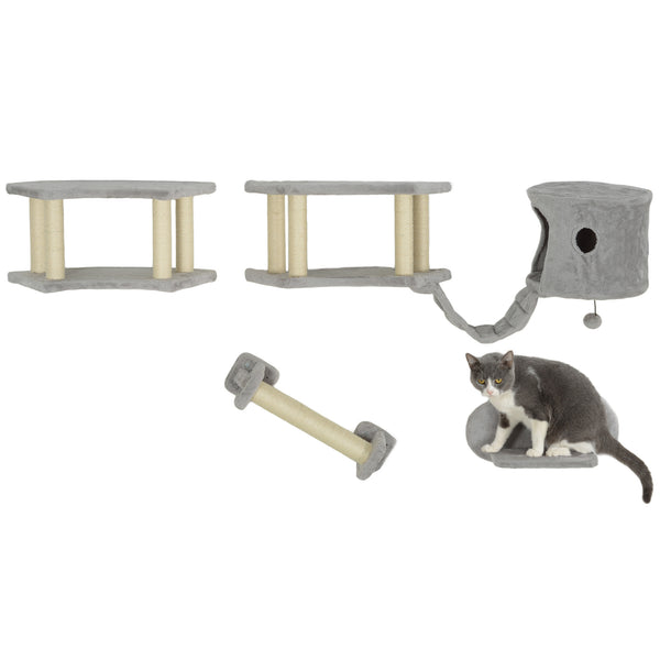 Arbre à chat mural avec griffoir, échelle, niche et plateformes de saut, gris clair