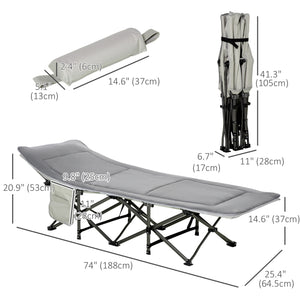 Lit de camp pliant avec matelas et oreiller, gris clair