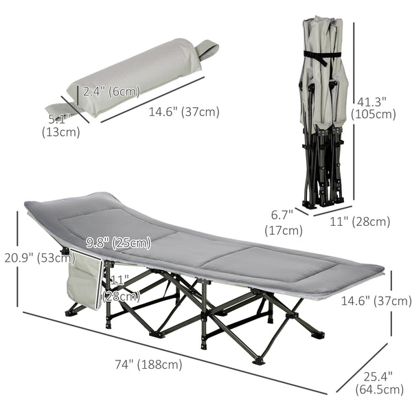 Lit de camp pliant avec matelas et oreiller, gris clair