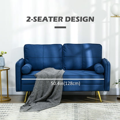 2 seater upholstered sofa with back cushions and pillows, blue