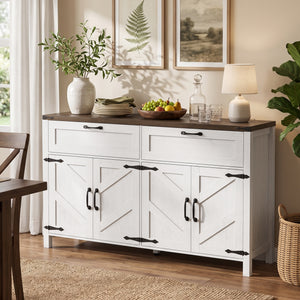 Buffet de rangement 55 po avec 2 tiroirs, 2 armoires et tablettes ajustables, blanc