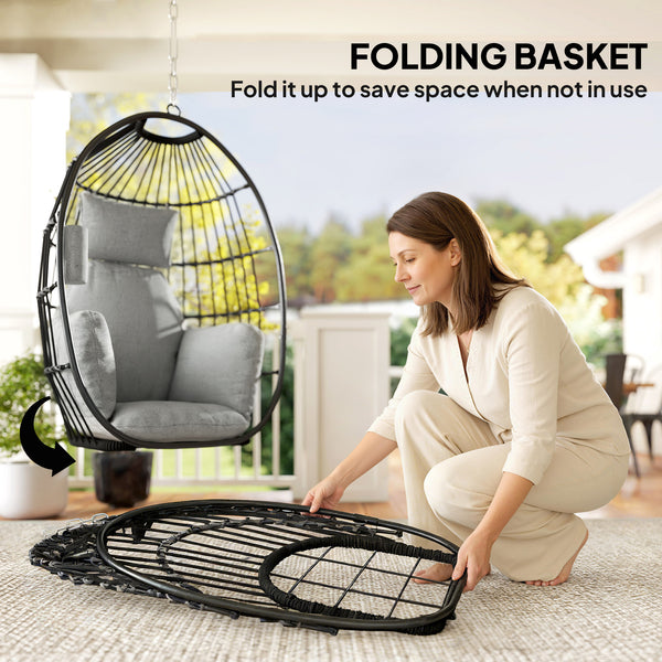 Hanging Egg Chair Without Stand, Foldable Basket Swing Chair with Head Pillow, Soft Cushion and Cup Holder, Dark Grey