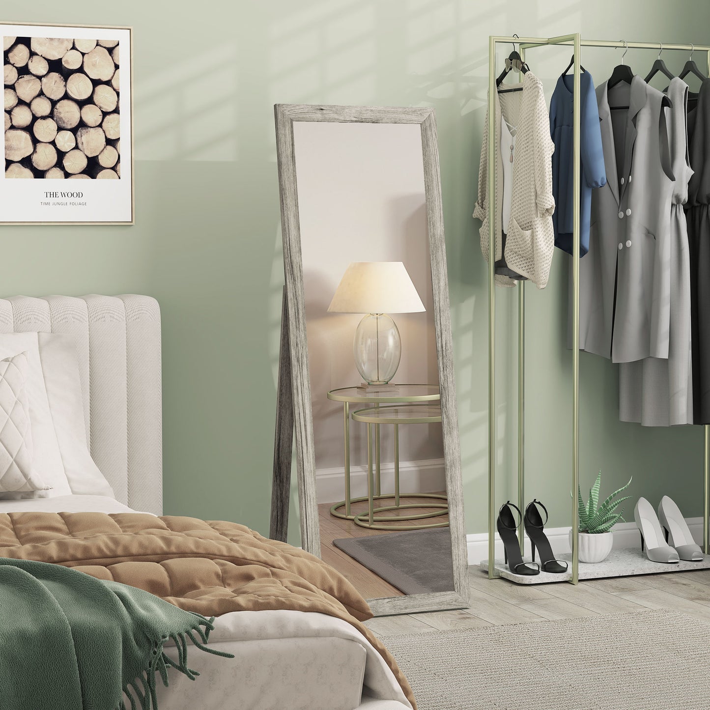 Miroir intégral pour chambre à coucher, salon, grain de bois gris