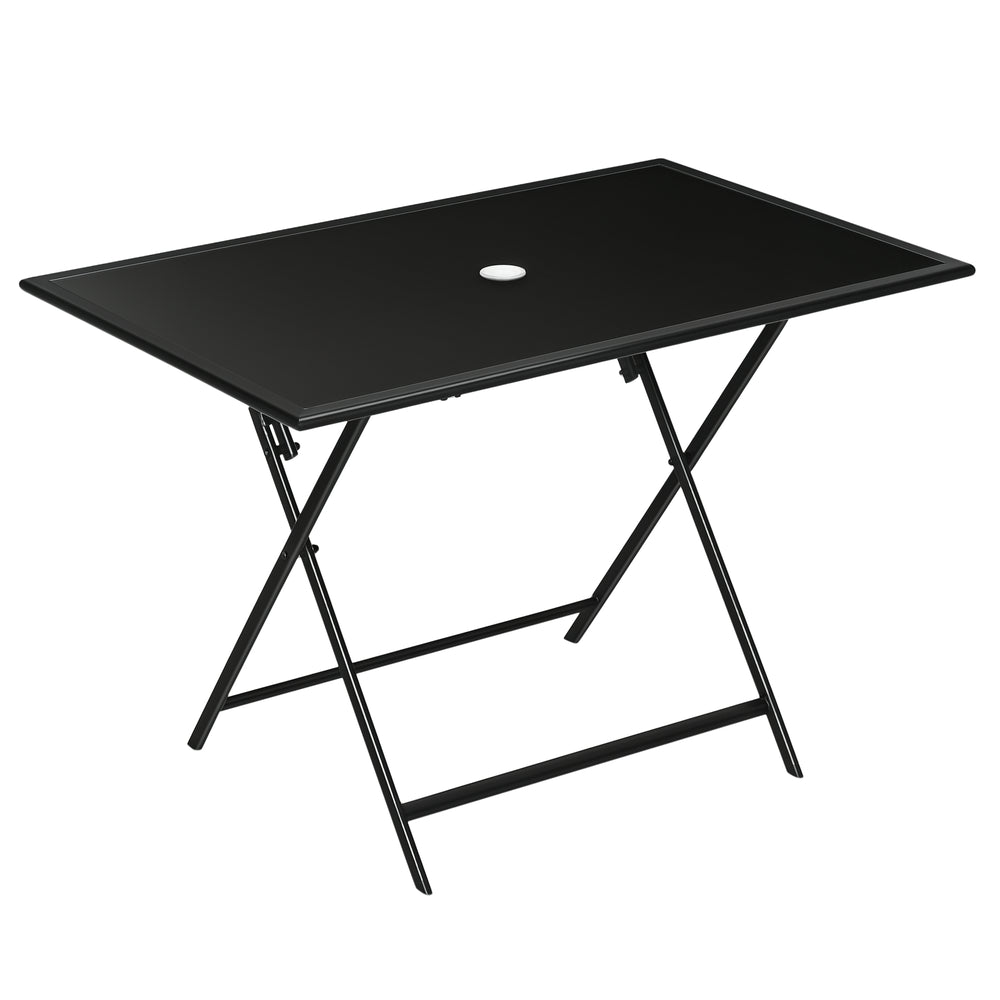 Foldable Outdoor Dining Table with Umbrella Hole, Patio Table for 6 with Glass Top Table, Metal Frame for Garden Lawn Backyard, Black