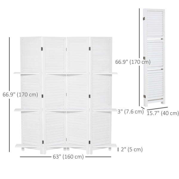 Cloison de séparation 4 panneaux avec 3 étagères de rangement, blanc