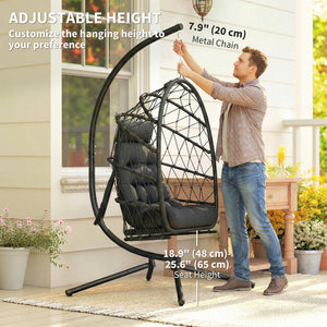 Fauteuil suspendu avec support, en rotin tressé avec coussin épais et corde de sécurité, noir