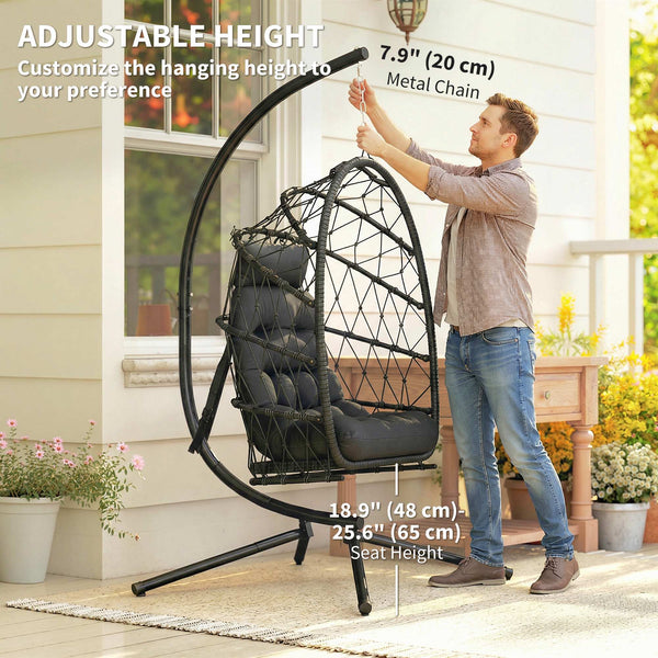 Fauteuil suspendu avec support, en rotin tressé avec coussin épais et corde de sécurité, noir