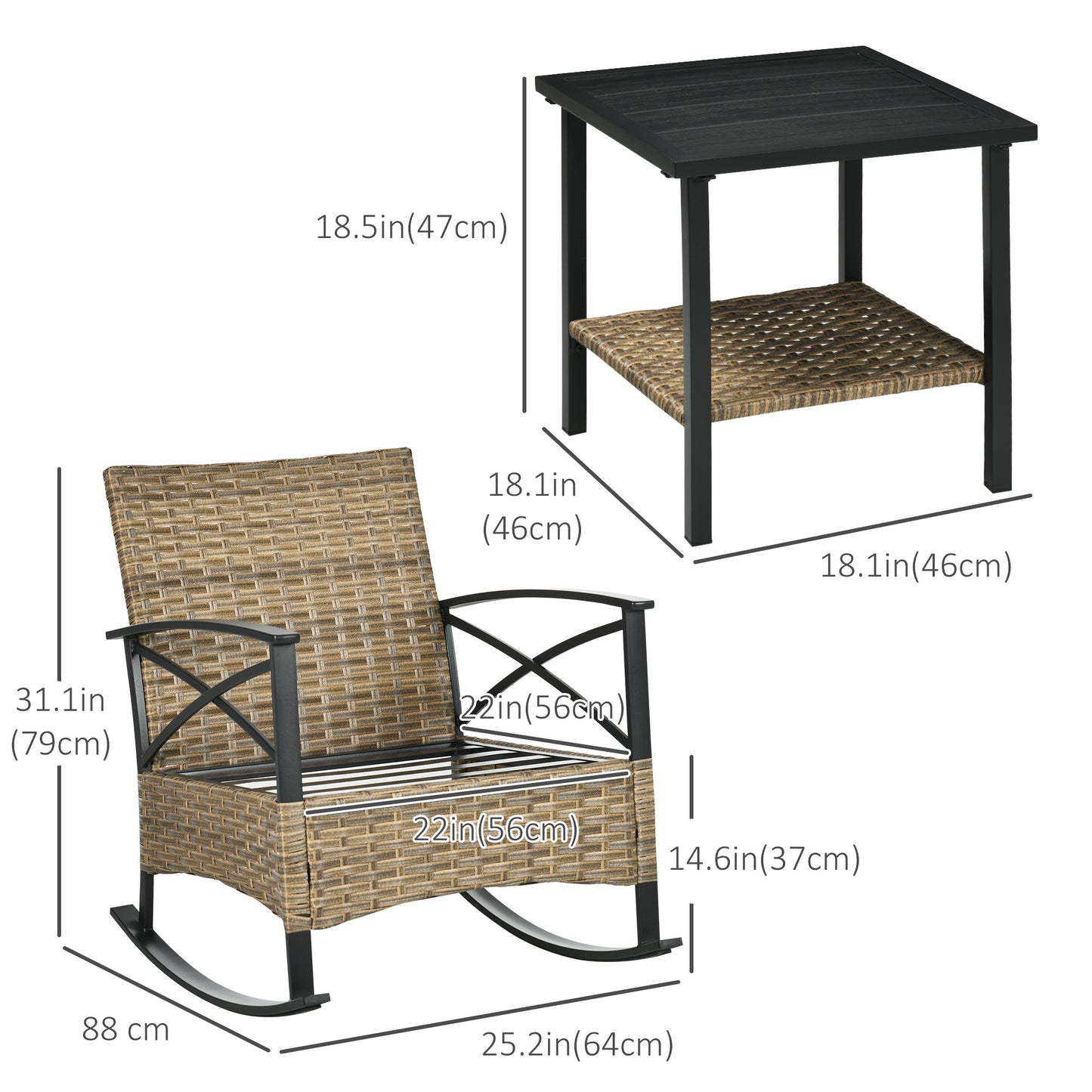 Ensemble de 3 chaises à bascule en rotin synthétique avec table à deux niveaux et coussins rembourrés, gris