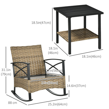 Ensemble de 3 chaises à bascule en rotin synthétique avec table à deux niveaux et coussins rembourrés, gris
