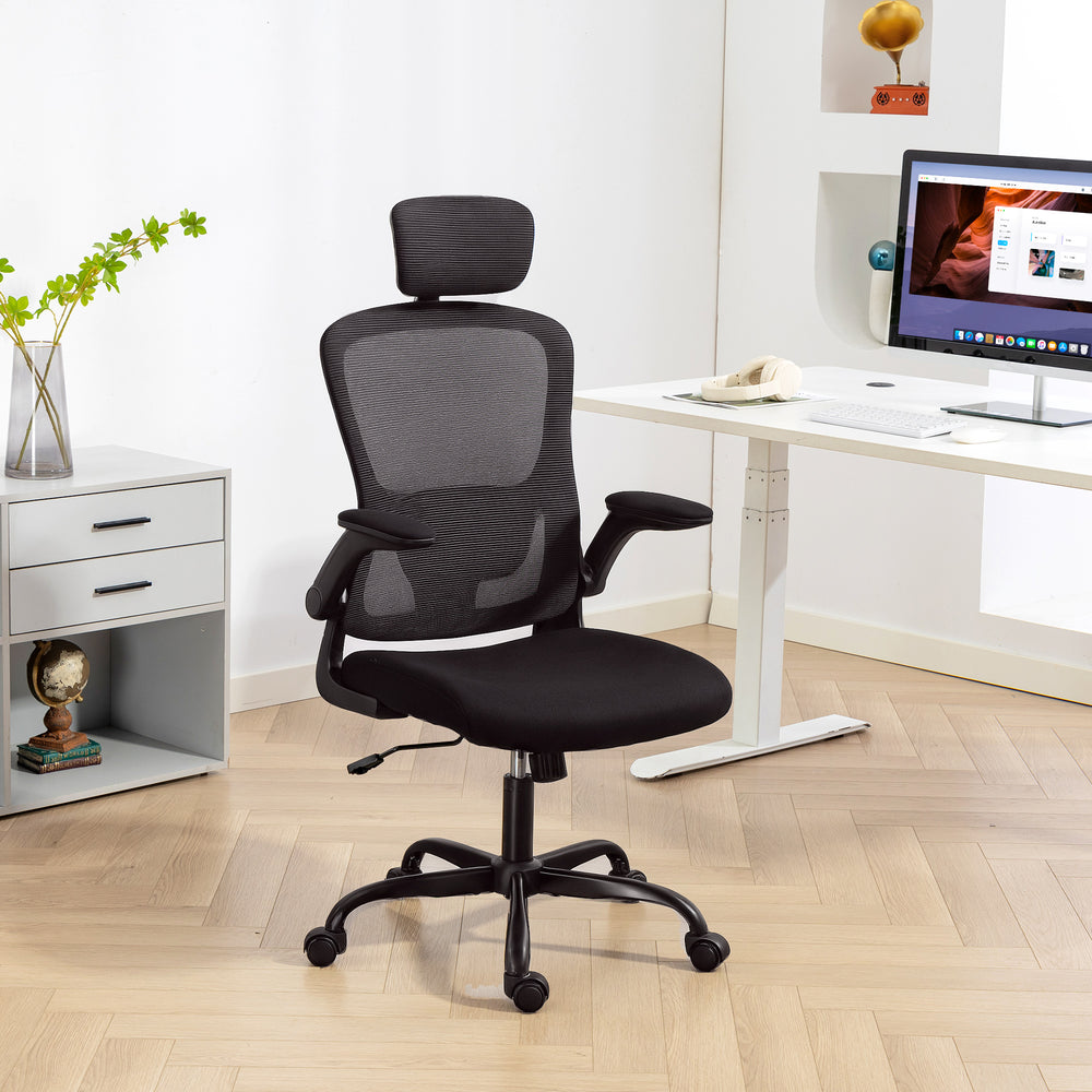 Chaise de bureau ergonomique en maille avec appui-tête et soutien lombaire, noire