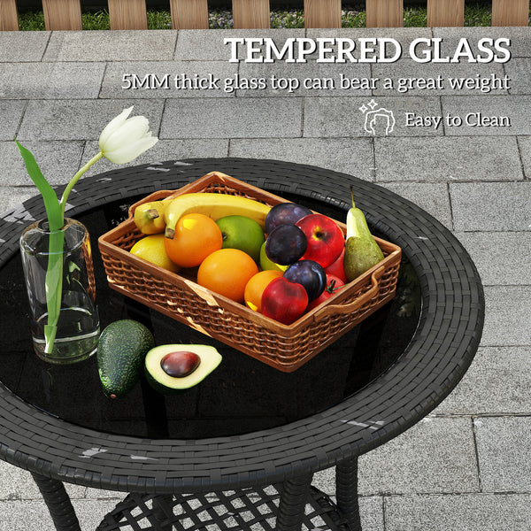 Table de salle à manger d'extérieur en rotin avec étagère de rangement à 2 niveaux, noire