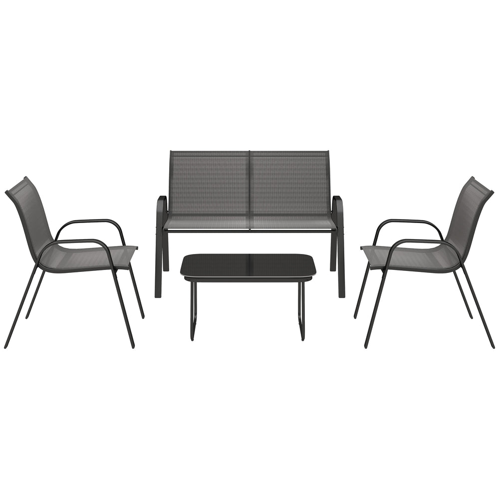 Salon de jardin 4 pièces noir avec deux chaises empilables, une causeuse et une table basse en verre pour terrasse ou balcon