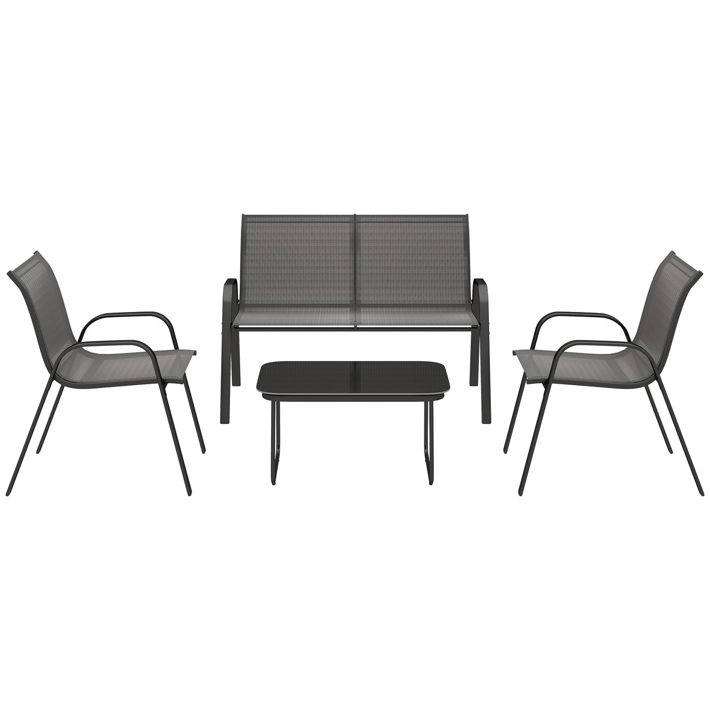 Outsunny 4 Piece Outdoor Furniture Set with 2 Stacking Chairs, 1 Loveseat, 1 Patio Lounge Set and 1 Glass Coffee Table, Black