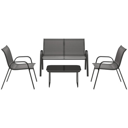 Outsunny 4 Piece Outdoor Furniture Set with 2 Stacking Chairs, 1 Loveseat, 1 Patio Lounge Set and 1 Glass Coffee Table, Black