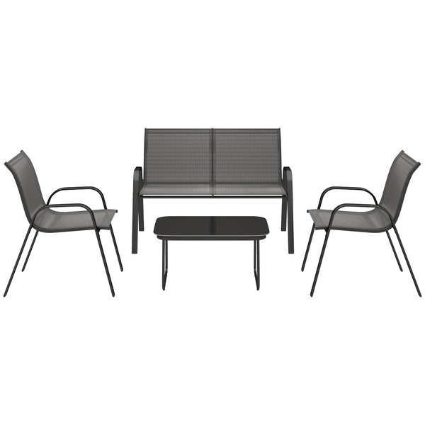 Ensemble de mobilier 4 pièces avec 2 chaises empilables, une causeuse, un salon de jardin et une table basse en verre, noir
