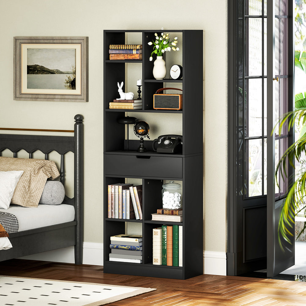 Bibliothèque haute avec tiroir, autoportante pour chambre, salon, bureau, noir