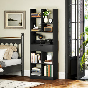 Bibliothèque haute avec tiroir, autoportante pour chambre, salon, bureau, noir