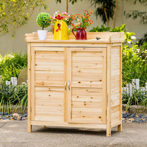 Wooden garden shed with interior shelf and double door, natural color