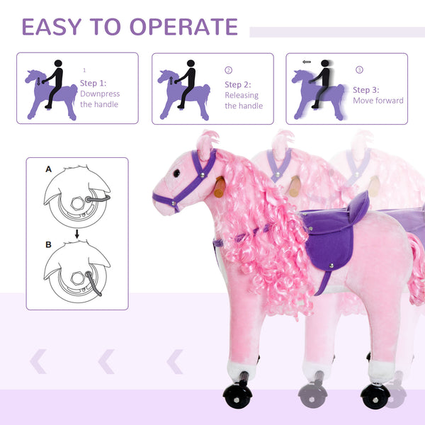 Rocking horse for toddlers 3 years old, with sound and wheel, pink