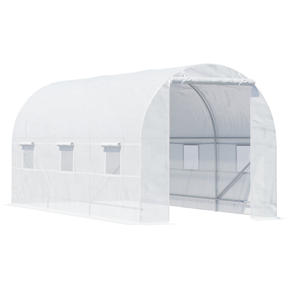 Portable tunnel greenhouse with door and ventilation window, white