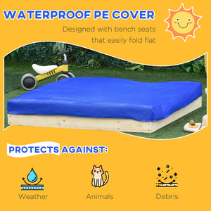 Bac à sable en bois pour enfants avec banquette pliable, 2 bacs en plastique et revêtement de fond.