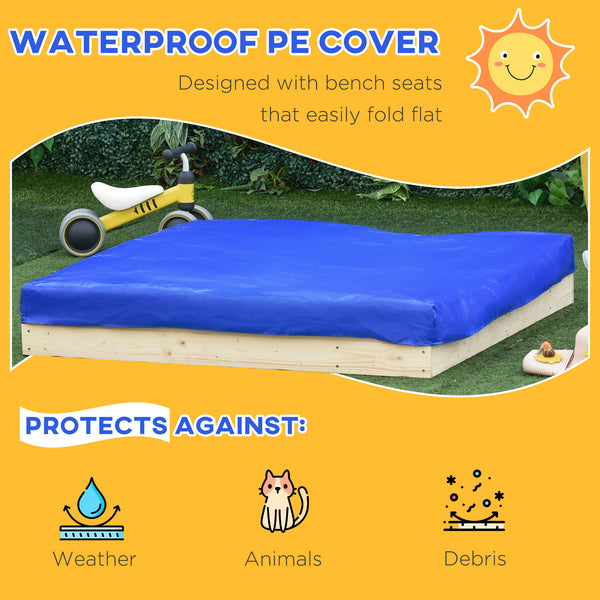 Bac à sable en bois pour enfants avec banquette pliable, 2 bacs en plastique et revêtement de fond.