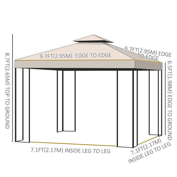 Gazebo 10 x 10 avec toit à double pente et parois latérales, blanc crème