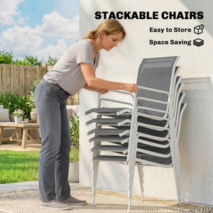 Ensemble de salle à manger de jardin 7 pièces, comprenant une table rectangulaire et 6 chaises empilables.
