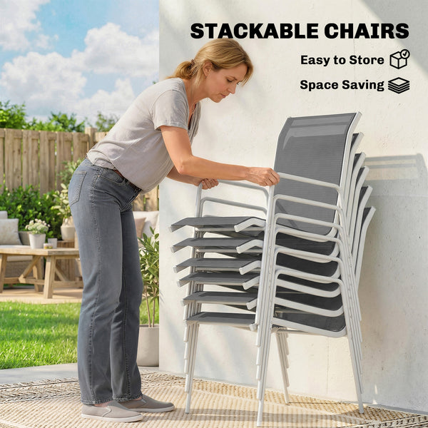 Ensemble de salle à manger de jardin 7 pièces, comprenant une table rectangulaire et 6 chaises empilables.