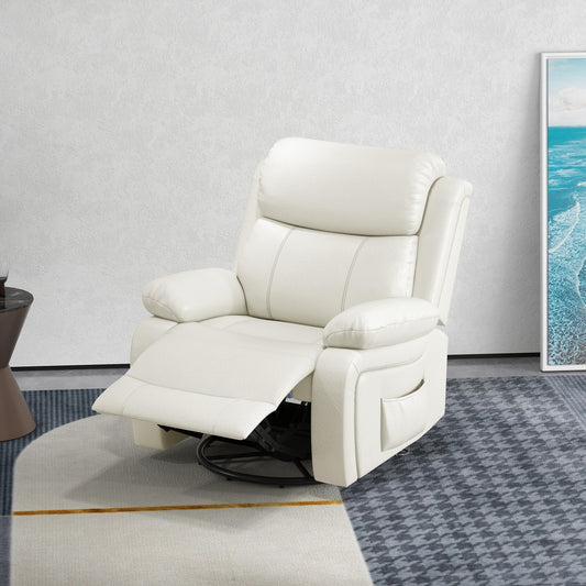 Fauteuil inclinable en cuir synthétique avec massage par vibration, base pivotante, fonction bascule, télécommande, blanc crème