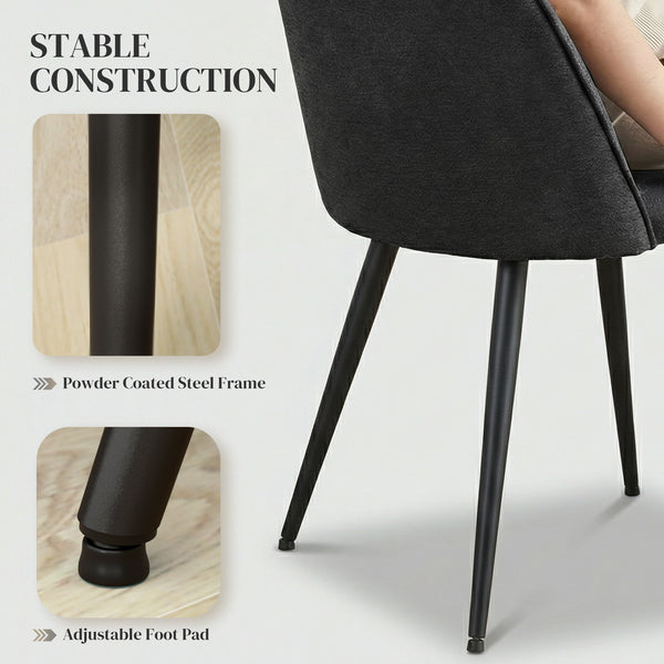 Set of 4 modern dining chairs with metal legs, shell back, and upholstered seat, black.