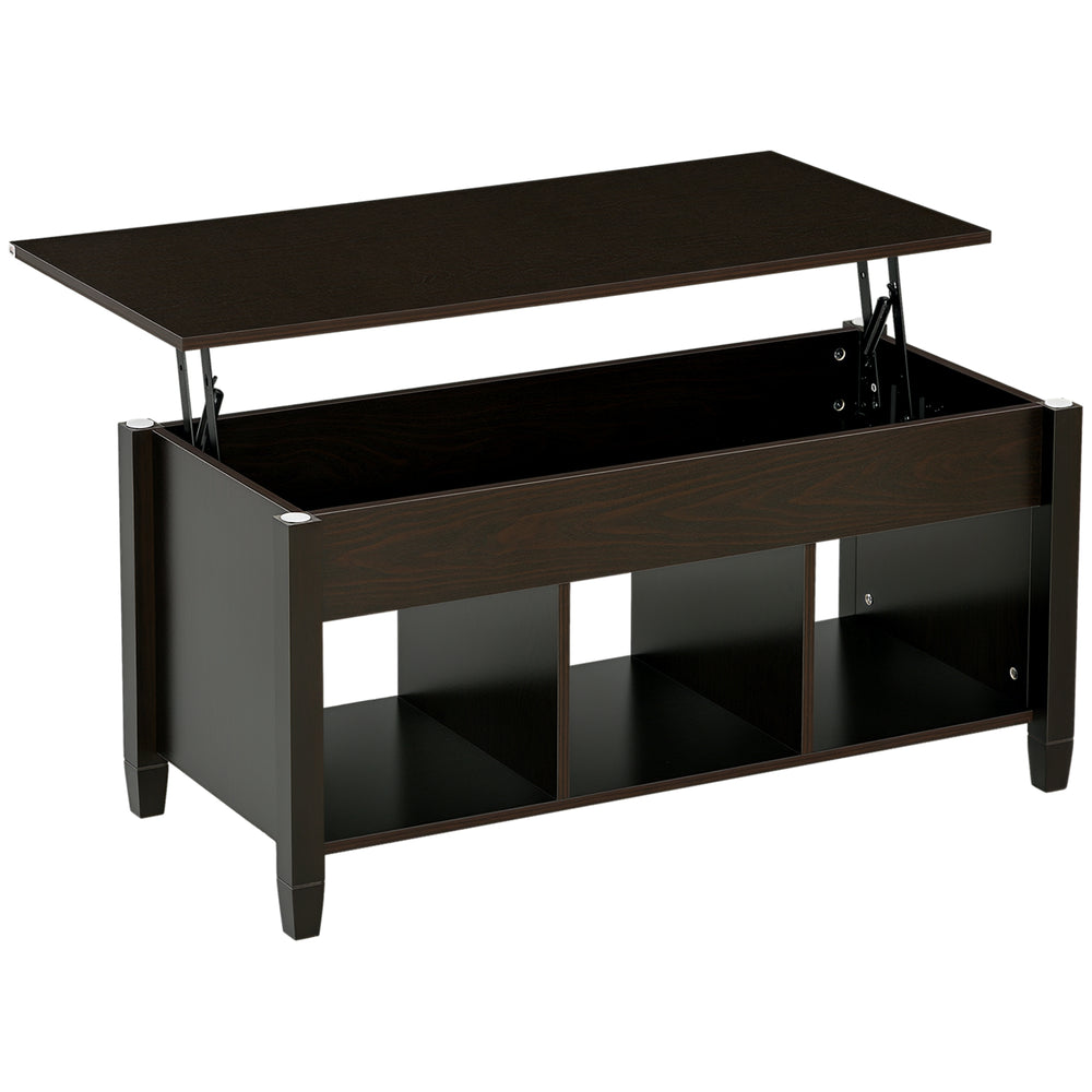 Table basse relevable avec compartiment de rangement dissimulé, 3 étagères inférieures, expresso