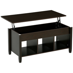Table basse relevable avec compartiment de rangement dissimulé, 3 étagères inférieures, expresso