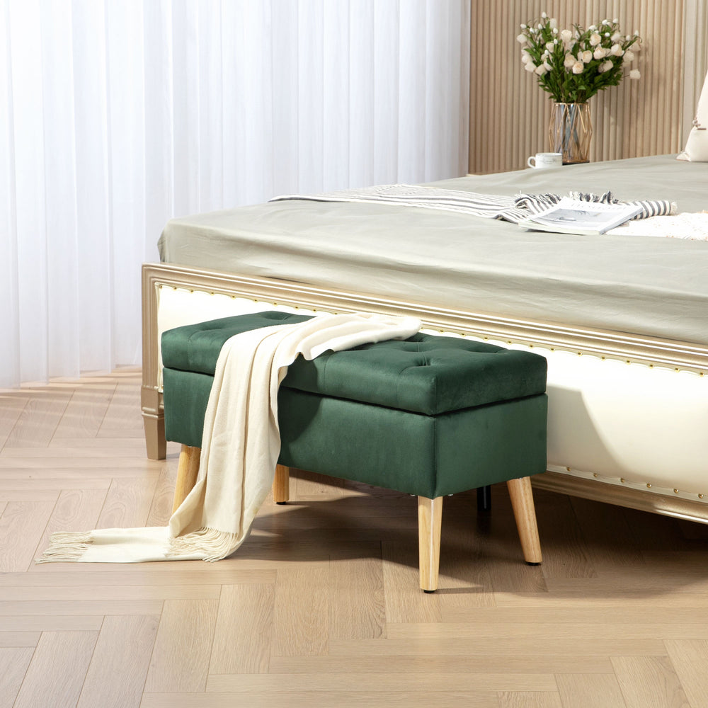 Pouf de rangement avec couvercle rembourré en velours et pieds en bois, vert foncé