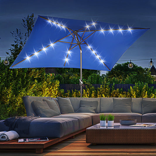 Parasol de terrasse rectangulaire 2 x 3 m, inclinable et solaire, en aluminium, avec manivelle et LED (bleu foncé)