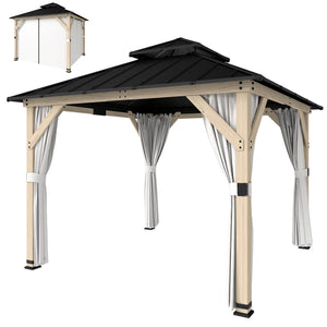 Gazebo d'extérieur 10' x 10' avec toit rigide double en acier, en bois, avec rideaux et crochets, gris clair