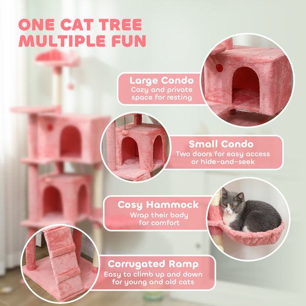Arbre à chat de 160 cm avec griffoirs en sisal, cabanes, perchoirs en peluche, hamac, rose