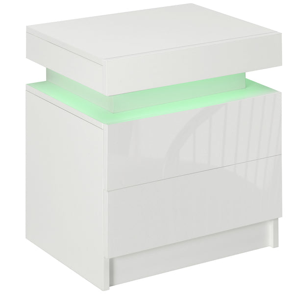 Table de chevet avec éclairage LED et 2 tiroirs pour chambre ou salon, blanche
