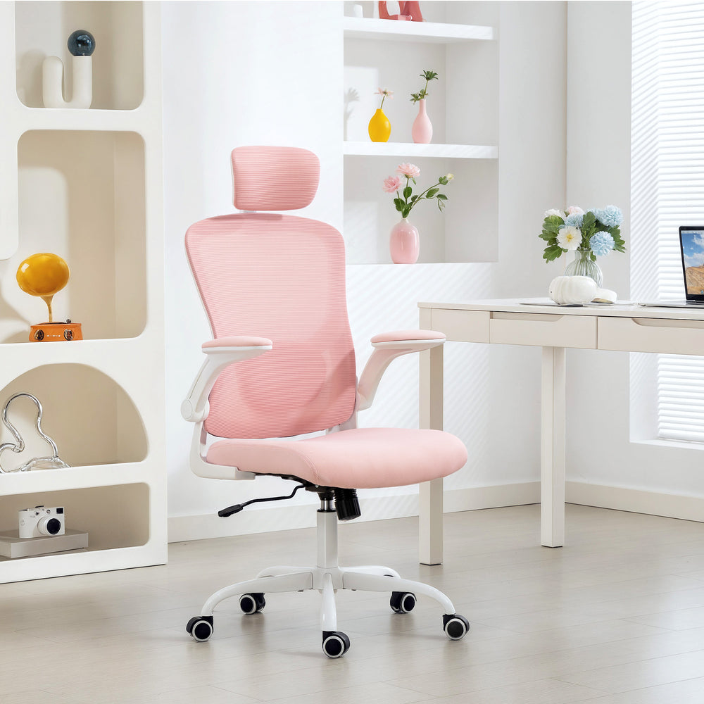 Chaise de bureau ergonomique en maille avec appui-tête et soutien lombaire, rose