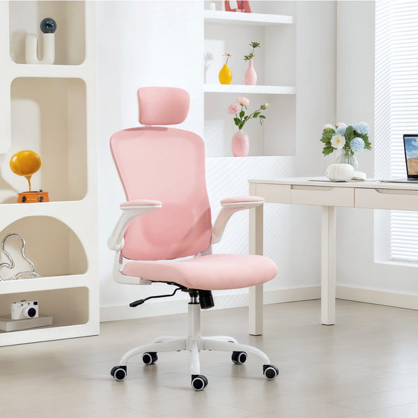 Chaise de bureau ergonomique en maille avec appui-tête et soutien lombaire, rose