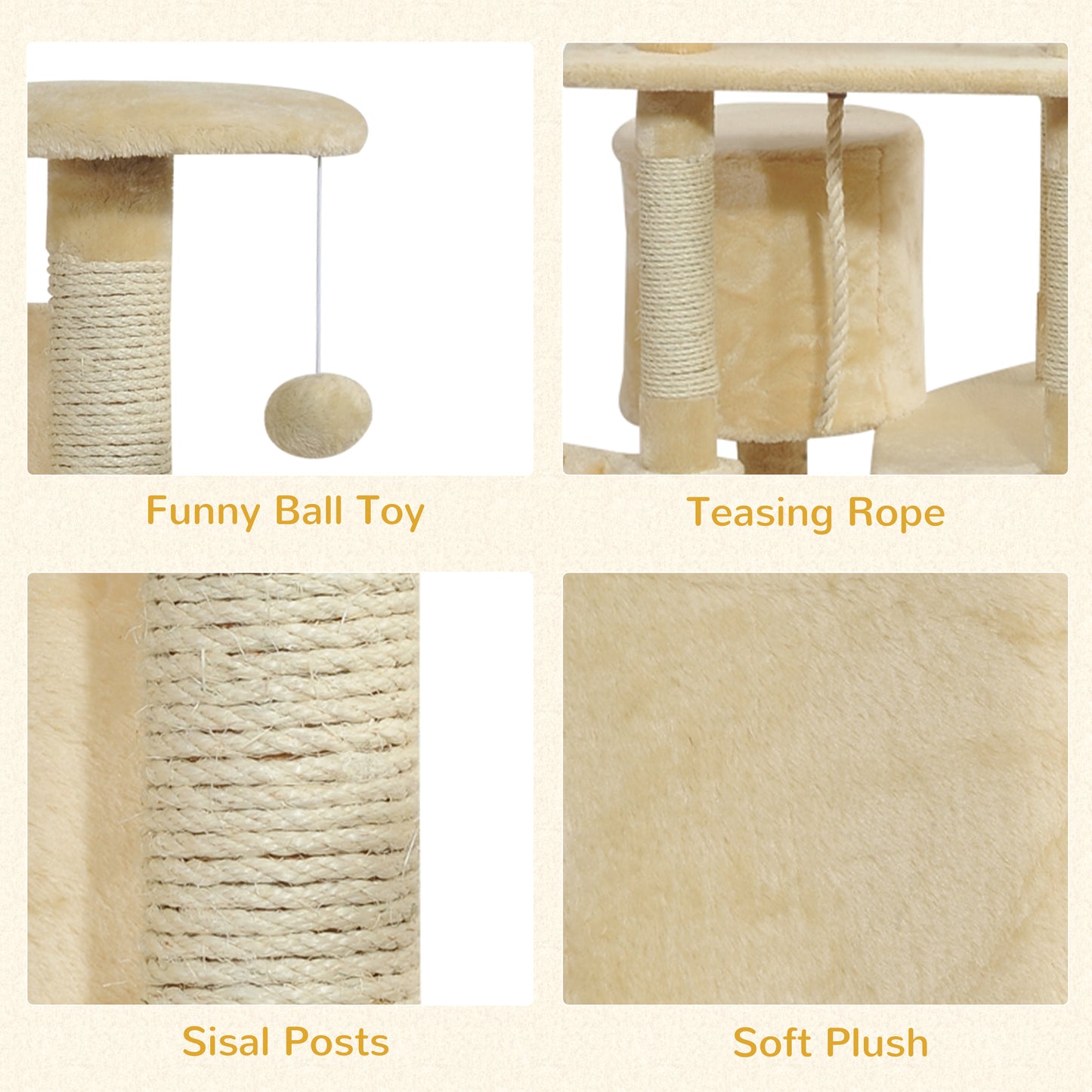 79" Cat Tree with Kitten Scratching Post, Activity Center and Toys Beige